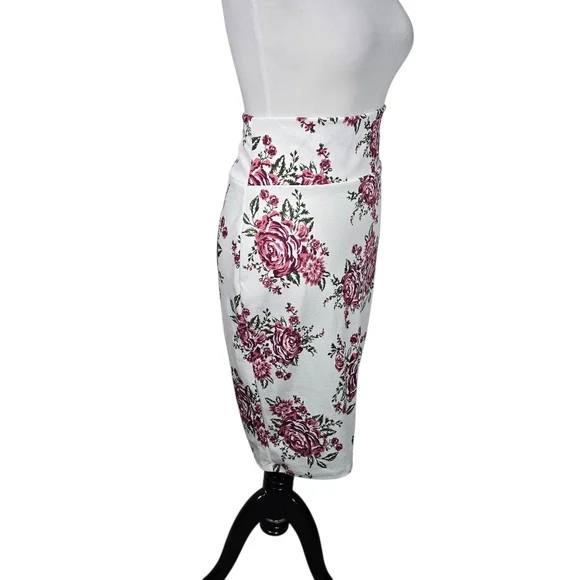 No Comment Size Large White Floral Print High Waist Pull-On Bodycon Skirt - Picture 2 of 7